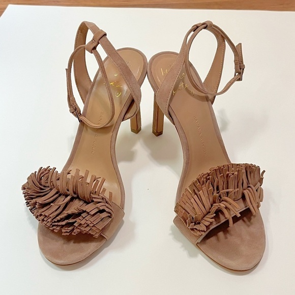 Banana Republic brown tan suede leather "Honey" fringe pumps sandals. Women 8.5 - Picture 3 of 14